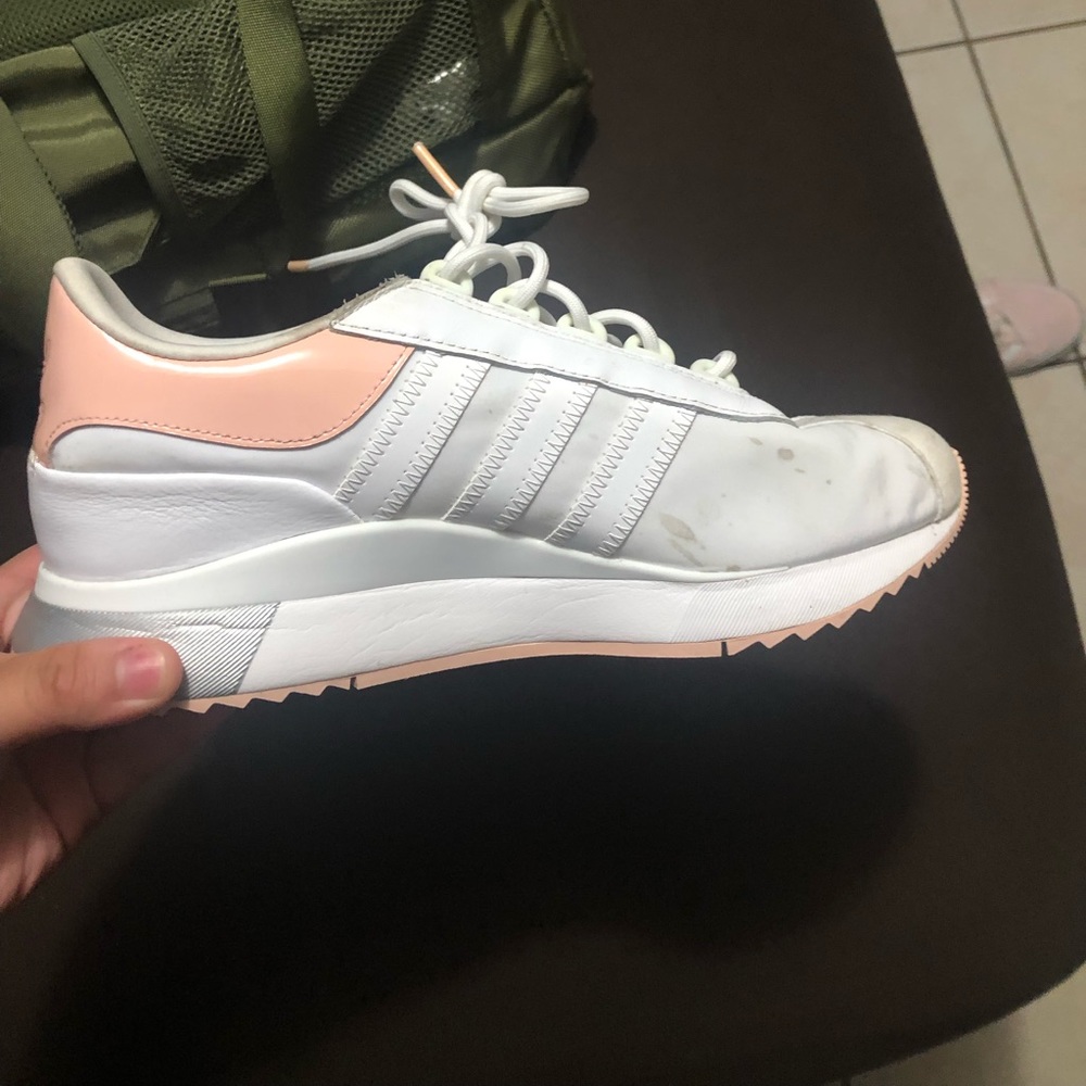 adidas white and baby pink